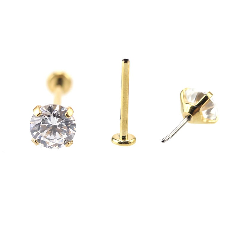 NewkeepsR 2PCS-0.8mm(20g) Titanium Gold Plated Press Fit Threadless Push Pop In Labret Lip Monroe Tragus Smallest Flatback Earring Studs W/2.0mm Round Cubic Zirconia - Image 1